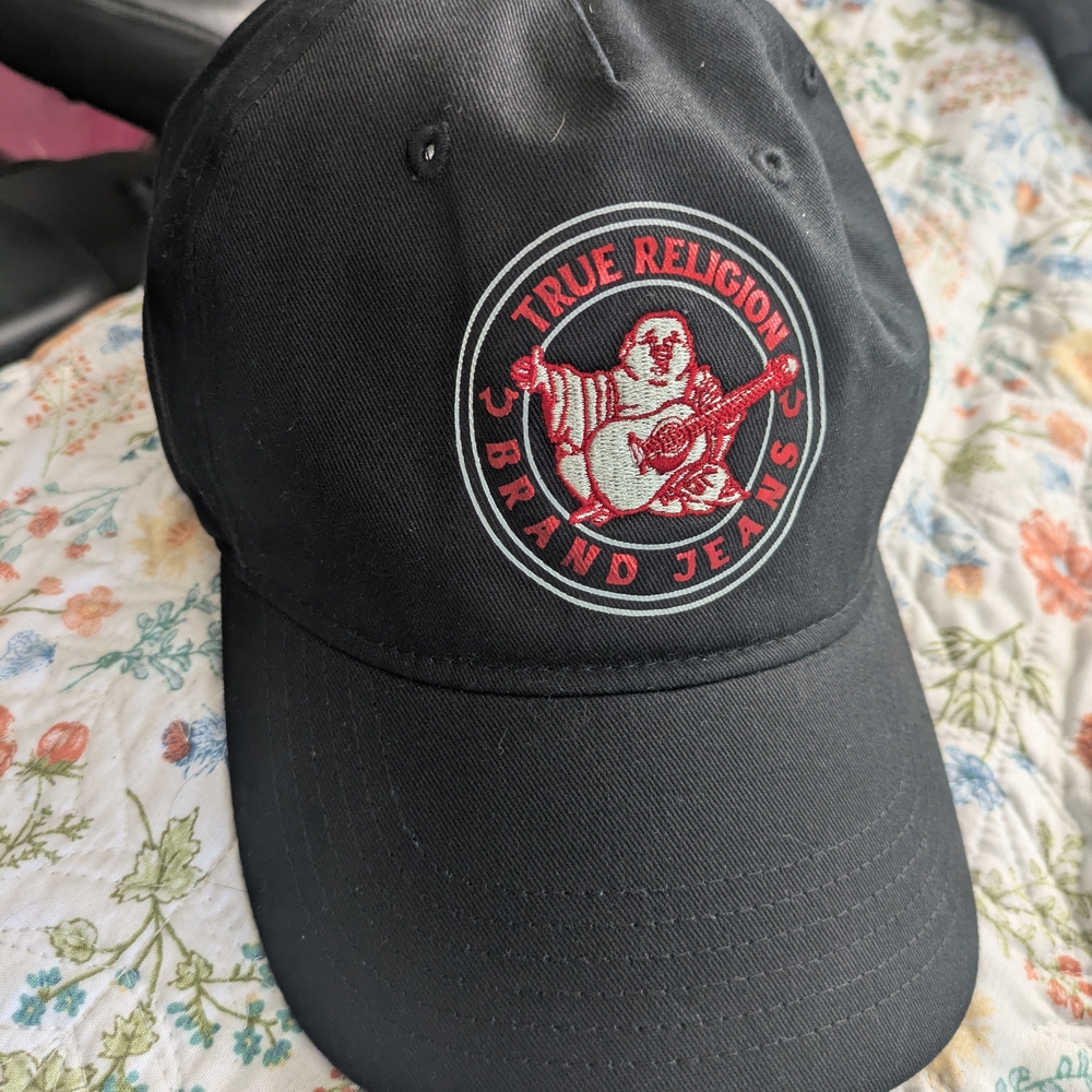 True Religion Black Baseball Cap with Red & White Embroidered Logo